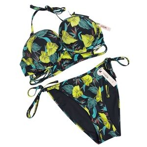 NWT VS Bombshell Floral‎ Bikini Set 38C Top & Large Bottom Cheeky Tropical Leaf